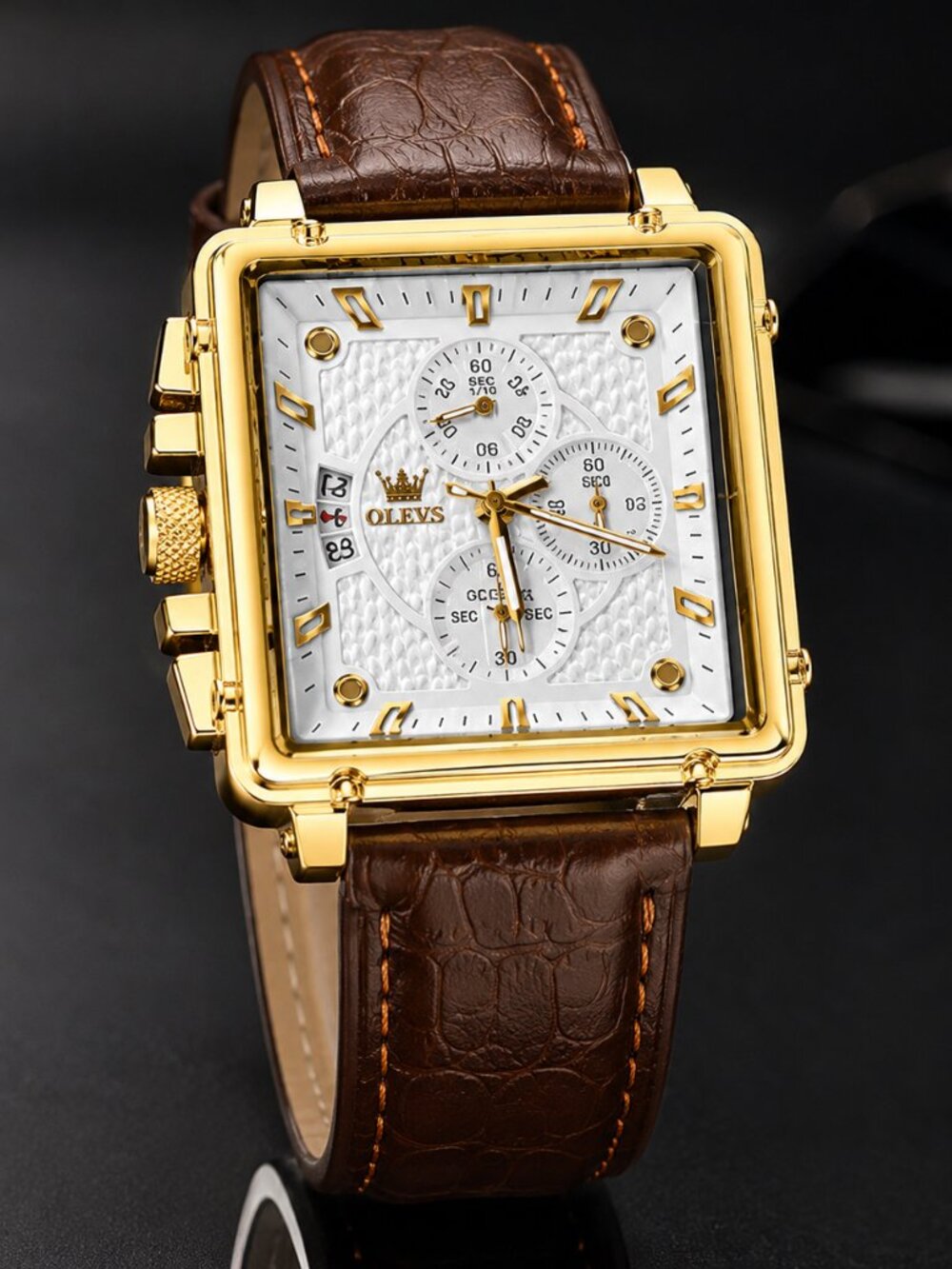 WA-10--OLEVS Square Gold Quartz Watch Brown Leather New